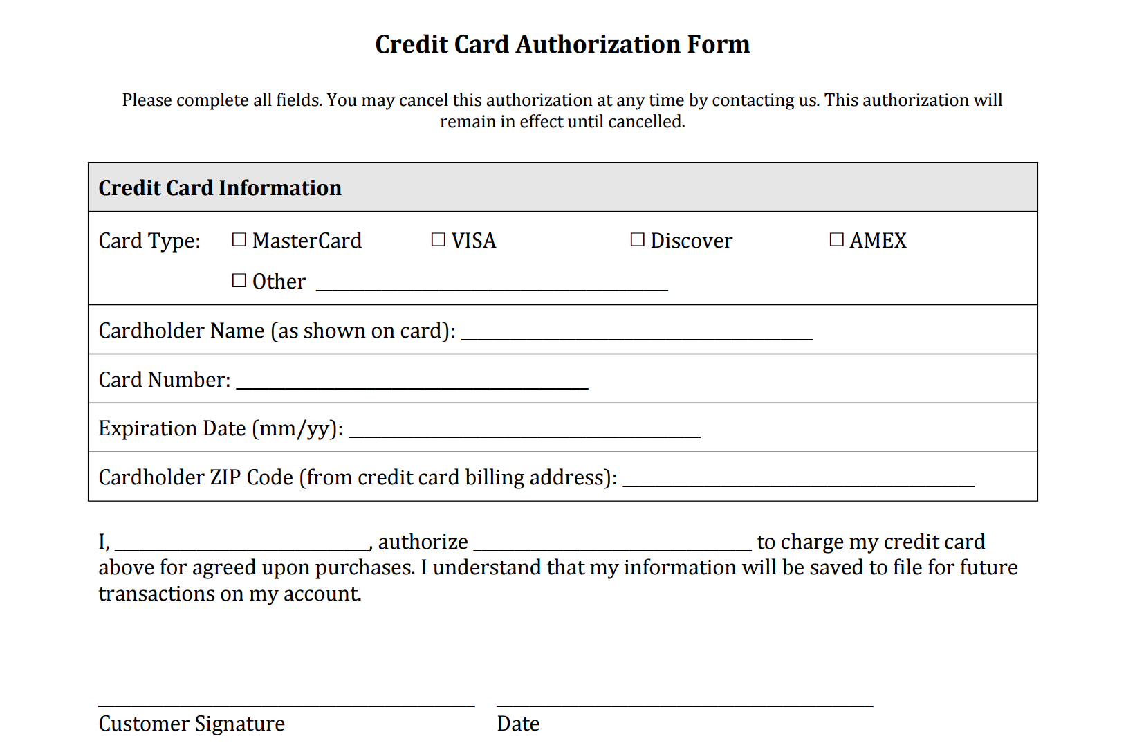 Download Free Credit Card Authorization Form Template